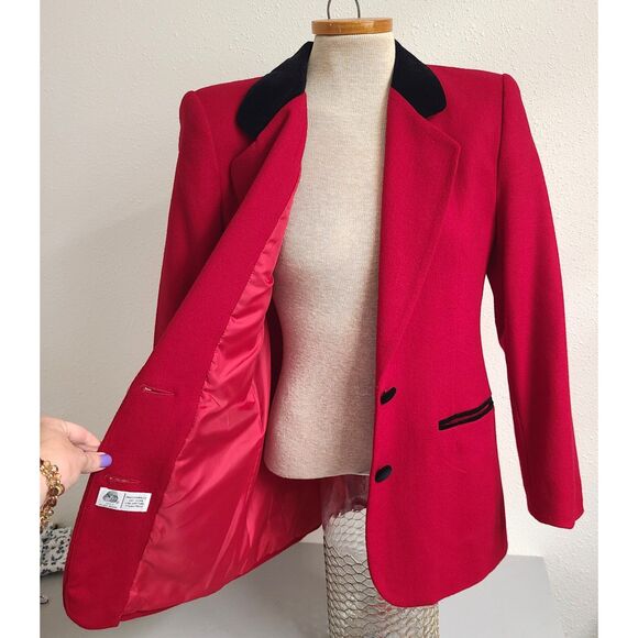 Vtg 90s Norton Mcnaughton 100% Wool Red Blazer Jacket Sz 6 Velvet Trim Tailored - Picture 2 of 10